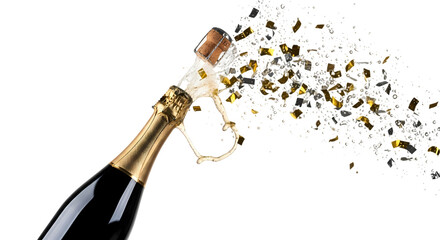Dynamic champagne bottle explosion with gold confetti and bubbly splash captures the essence of celebration and joyful moments.