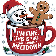 A sad snowman and a gingerbread man are melting in a hot chocolate mug during winter.