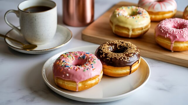 Delicious donuts with colorful toppings and coffee on a marble table perfect for breakfast or a sweet treat