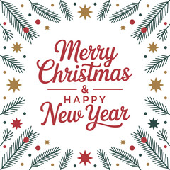 Merry Christmas and Happy New Year greeting card with festive evergreen branches and stars