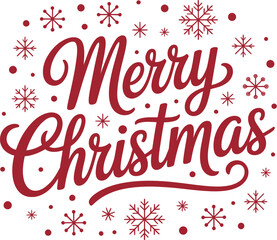 A festive red 'Merry Christmas' greeting is decorated with snowflakes and dots.