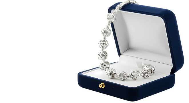 Elegant silver charm bracelet sparkling with intricate designs and a heart pendant nestled in a luxurious velvet jewelry box, a perfect gift.