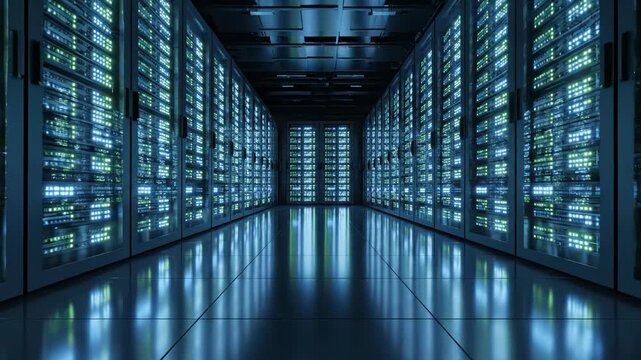 Futuristic Server Room with Glowing Blue Lights and Reflective Floor.