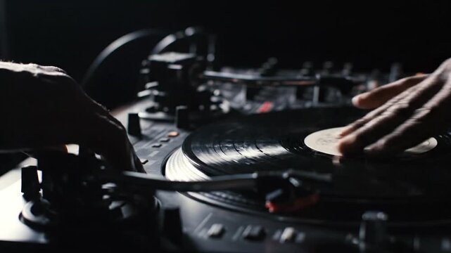 DJ's hands performing a scratch on a vinyl record in slow motion.