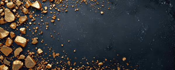 Gold nuggets and specks arraying dark background