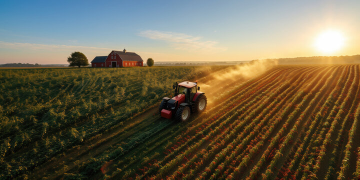 Tractor working dusty crop rows at golden hour sunset - Powered by Adobe