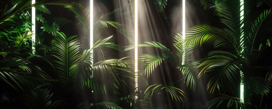 Tropical jungle plants illuminated by neon lights and sun rays - Powered by Adobe
