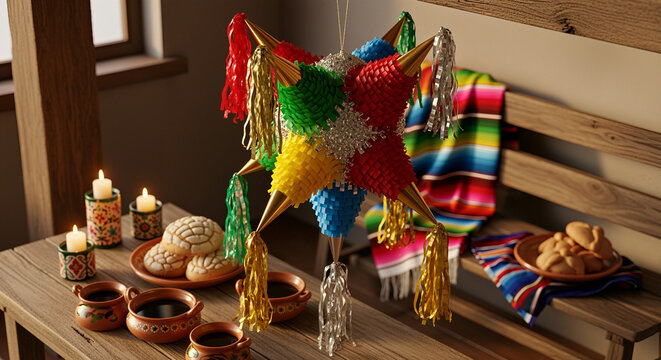 Pinata star shape colorful seven-point star pi&ntilde;ata with shiny tassels hanging above rustic table with candles, conchas and clay cups, serape textile in background,festive mexican posadas tradition joy