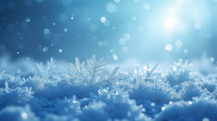 Sparkling ice crystal frost texture on a gradient blue background, representing a serene and frozen winter landscape.
