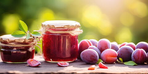 Homemade plum jam jars and fresh plums on wooden table