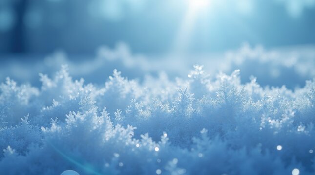Sparkling ice crystal frost texture on a gradient blue background, representing a serene and frozen winter landscape.