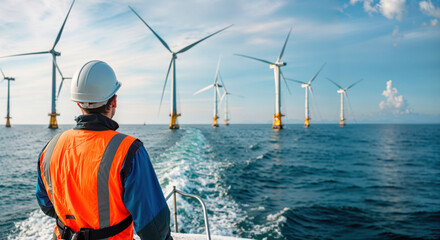 Engineer inspecting offshore wind farm for renewable energy