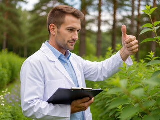 Botanist giving thumbs up for plant research