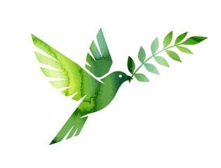 Dove of peace abstraction with a twig. Hand drawn. Not AI, vector illustration.