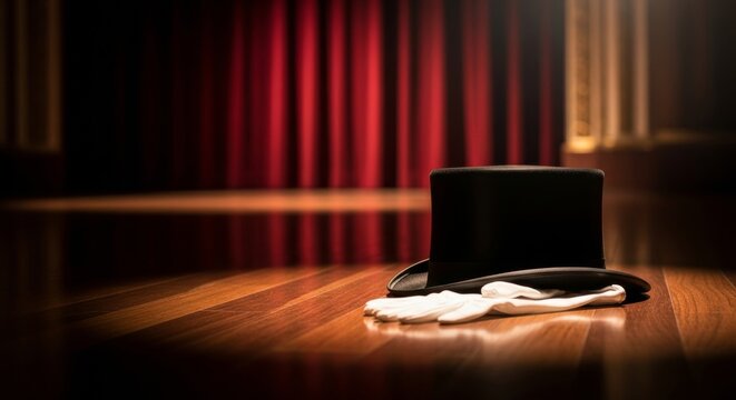 Magician's top hat and white gloves on stage with red velvet curtains