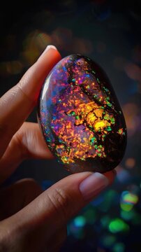 A person holds a black opal in their hand