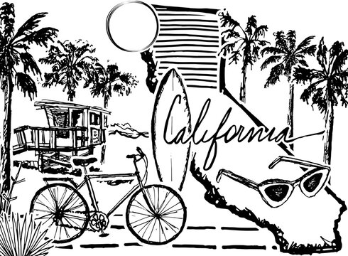 California Beach Line Art Illustration