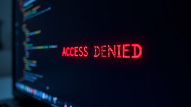 Red access denied message on computer screen with code lines
