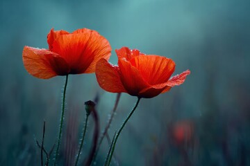 Obraz premium Bright red flowers with droplets in a serene green background evoke freshness and tranquility, perfect for nature and floral enthusiasts seeking romantic compositions