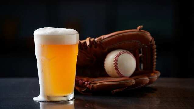 Frothy golden beer beside baseball glove and ball glass foam