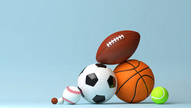 Assorted sports balls stacked against blue background football basketball