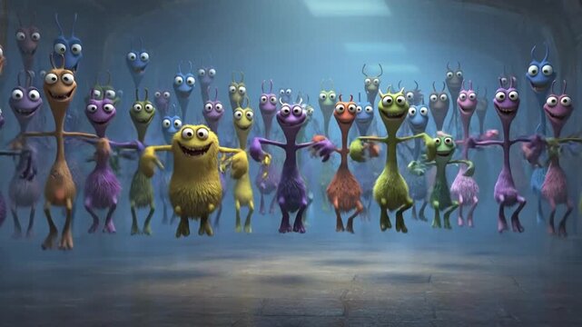 Dancing Colorful Cartoon Monster Crowd in a Fun 3D Scene