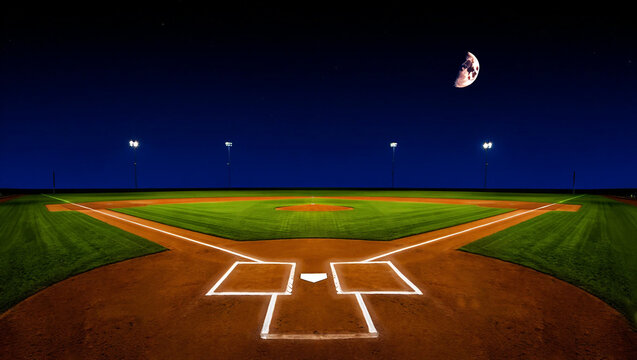Baseball field illuminated under moonlit night sky lights