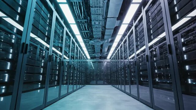 Modern Data Center Server Racks with Glowing Blue Lights and Advanced Technology Infrastructure.