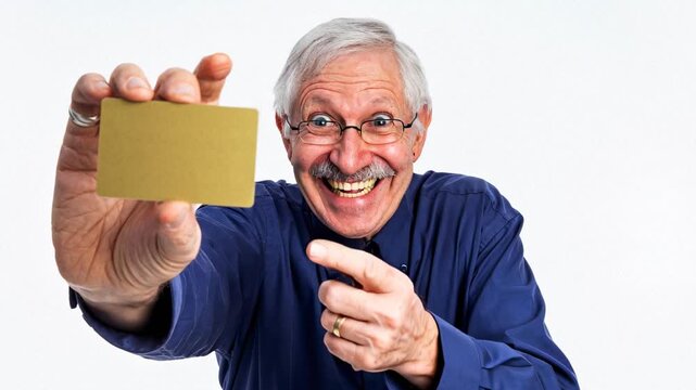 Senior adult man holding his new gold membership card with a big smile on his face, pointing at it enthusiastically