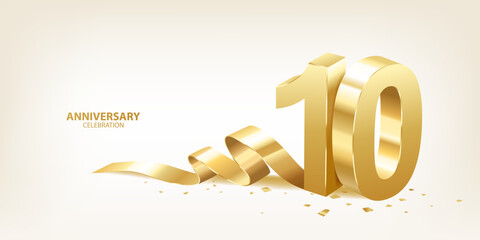 10th Anniversary celebration background. 3D Golden numbers with ribbon and confetti.