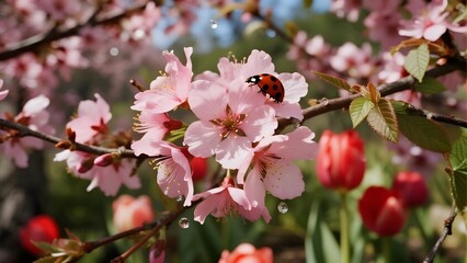 Spring garden in bloom with pink cherry blossoms and tulips, morning dew. Ideal for seasonal design, gardening, and fresh nature content