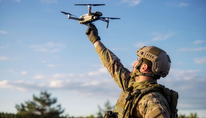 Soldat startet taktische Drohne im Feld