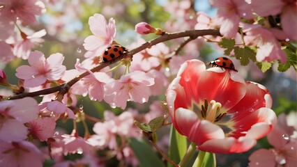 Spring garden in bloom with pink cherry blossoms and tulips, morning dew. Ideal for seasonal design, gardening, and fresh nature content