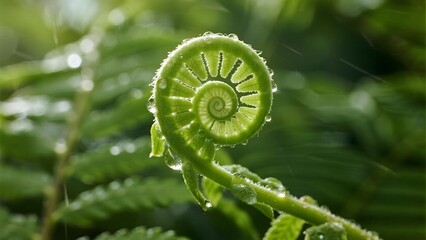 Macro of unfurling fern frond with fine hairs and dew. Growth symbol for motivational design, nature, and botanical education