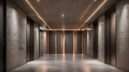 Long hallway inside a building with many doors on each side, creating a sense of depth and perspective in a quiet interior corridor with modern clean walls and lighting