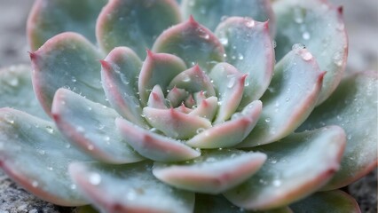 Macro close-up of Echeveria succulent with dew and soft color gradient. Minimalist visual for houseplant design and home decor.