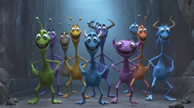 Dancing Cute Colorful Cartoon Monsters Waving in a 3D Fantasy Scene