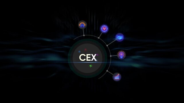Digital CEX logo with abstract dark blue background and glowing lines symbol technology