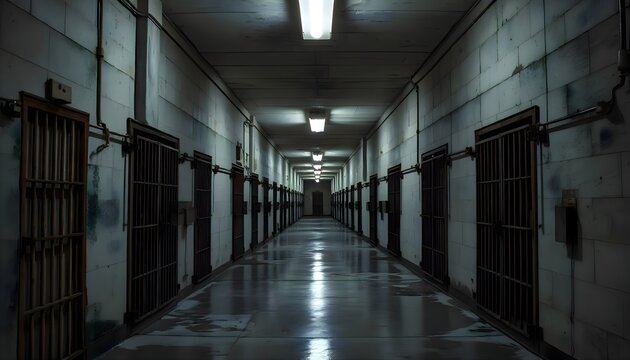 Long hallway inside a jail facility with barred cell doors and harsh lighting, creating a stark institutional atmosphere and strong perspective in a secure detention corridor
