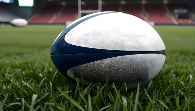 White and blue rugby ball resting on grass in open outdoor field, capturing a simple sports scene focused on recreation, play, training mood and quiet outdoor atmosphere with natural surroundings