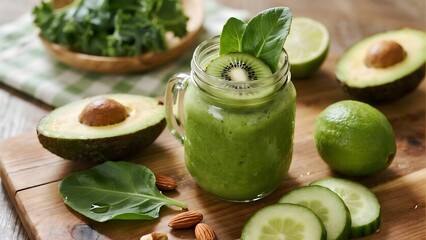 Flat lay of fresh green smoothie with fruit and vegetable toppings on a rustic wooden board. Appealing visual for healthy recipes, diet, and nutrition content