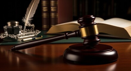 Gavel, inkwell, quill, and law books on desk representing justice and education