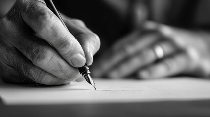 Calligrapher writing elegant script on white paper — ink movement, artistic focus, and balance