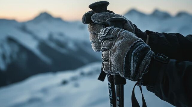 Winter adventure: preparing for a hike in the snowy mountains at sunset