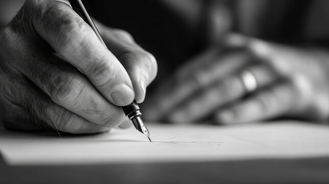 Calligrapher writing elegant script on white paper — ink movement, artistic focus, and balance