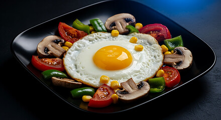 Start your day with vibrant flavors and healthy choices featuring a sunny-side-up egg surrounded by fresh tomatoes, mushrooms, sweetcorn, and green peppers on a stylish black plate