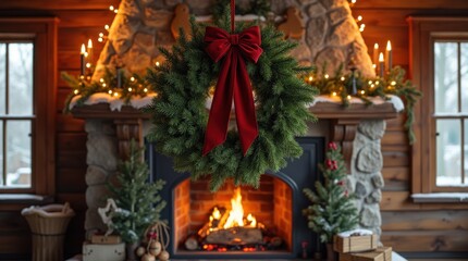 Obraz premium Velvet ribbon tied fir wreath hanging above glowing mantel snowy hearth