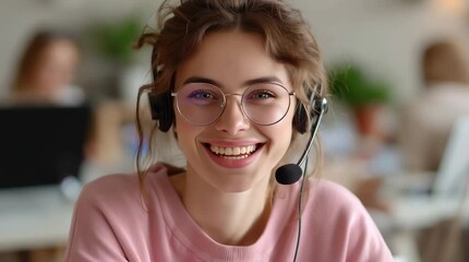 Call center, young woman and smile in contact us with CRM, headset with mic and mockup space. Customer service consultant, happy female and telemarketing with sales and help desk. - Powered by Adobe