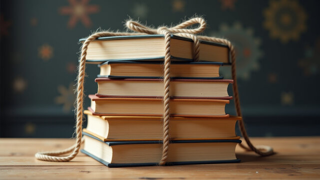 Stack of books tightly tied with rough twine on patterned surface - Powered by Adobe