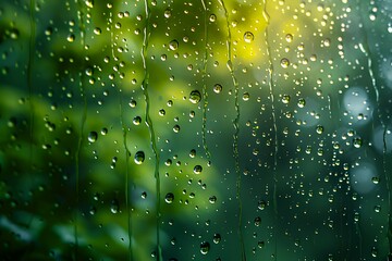 Raindrops on window with blurred green background